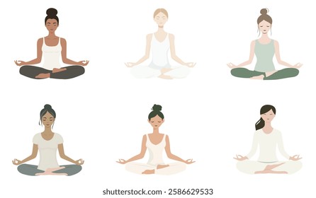 Set of women doing meditating  yoga poses in a flat vector illustration featuring a simple design in a minimalistic style with pastel colors on white background