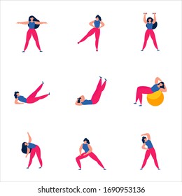 Set of women doing sports, yoga,  jogging,  fitness. Healthy lifestyle, active workout. Vector illustration 