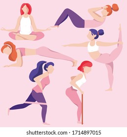 Set of women doing sports, yoga, stretching, fitness. Sport women vector flat illustration. Sport at home 