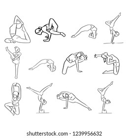 set of women doing yoga in different poses vector illustration sketch doodle hand drawn with black lines isolated on white background