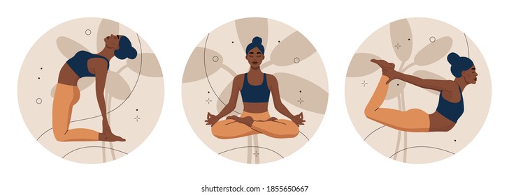 Set of women doing yoga exercise and meditating in round. Trendy slim girl relaxing and stretching on a nature background. Flat vector illustration.