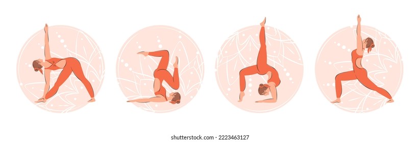 Conjunto de mujeres haciendo ejercicio de yoga y meditando. Personaje demostrando varias posiciones de yoga aisladas en fondo blanco. Ilustración vectorial.