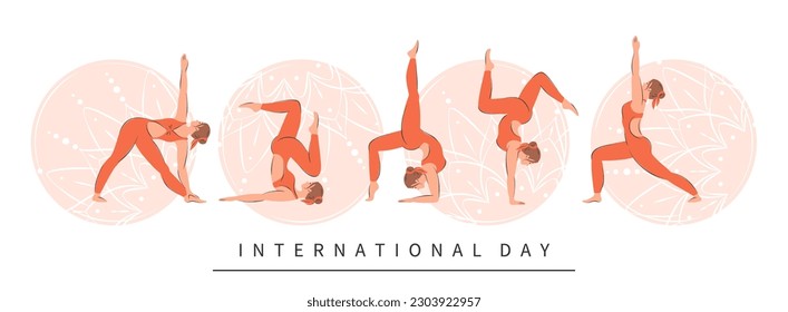 Set of women doing yoga exercise and meditating. International day of yoga. Character demonstrating various yoga positions. Vector illustration.