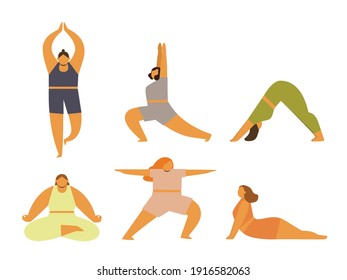 Set of women doing yoga exercises. Fitness and streching. Hand drawn colorful funny cartoon style vector illustration. 