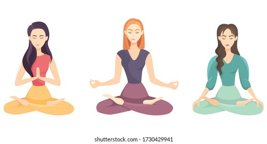 Set of women doing yoga. Female characters in lotus position.