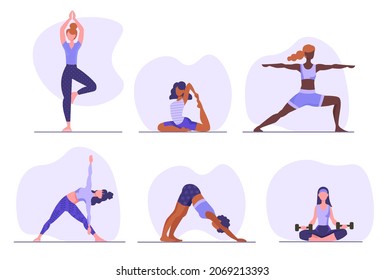 Set of women doing yoga. Female characters stretch their muscles, train balance and perform physical exercises. Girls watching figure. Cartoon flat vector collection isolated on white background