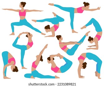 Set of women doing yoga and fitness exercises.