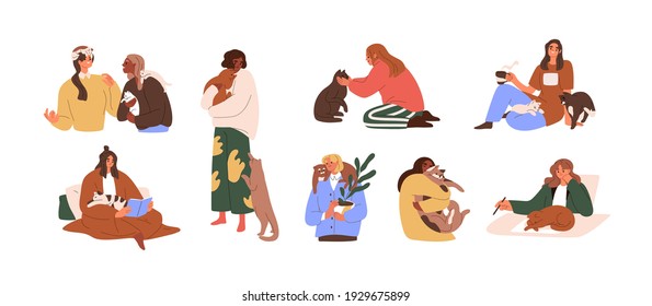 Conjunto de mujeres con gatos domésticos aislados en el fondo blanco. Las propietarias de mascotas descansan y trabajan con animales domésticos. La gente pasa tiempo con lindos gatitos. Ilustración vectorial plana de color