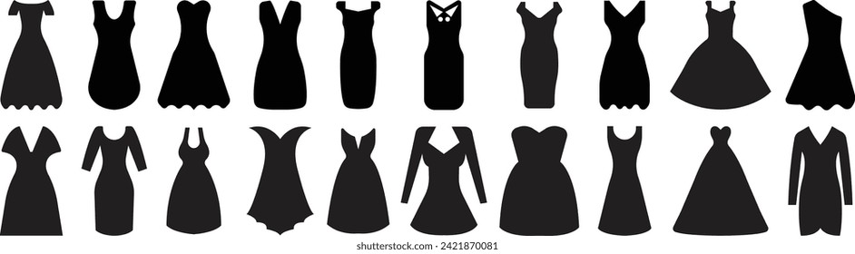 Set of Women dress icons. Female fashion concept. Clothes icons in modern Black Fill styles isolated on transparent background. Signs for mobile concept and web designs. Vintage dresses silhouette.