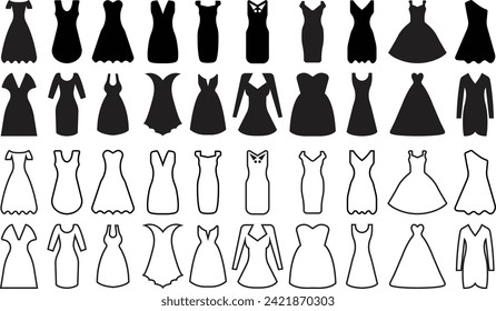 Set of Women dress icons. Female fashion concept. Clothes icons in modern Black Flat styles editable stock on transparent background. Sign for mobile concept and web designs. Vintage dress silhouette.