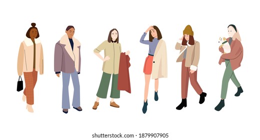 A set of women dressed in fashionable modern clothes. Flat vector illustration 