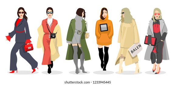 Set of women dressed in stylish trendy clothes, fashion girls, models wearing modern autumn coat, hoody, female cartoon characters, vector illustration