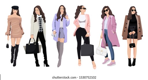 Set of women dressed in stylish trendy clothes, fashion girls, models wearing modern autumn coat, dress, vector female cartoon characters, vector illustration