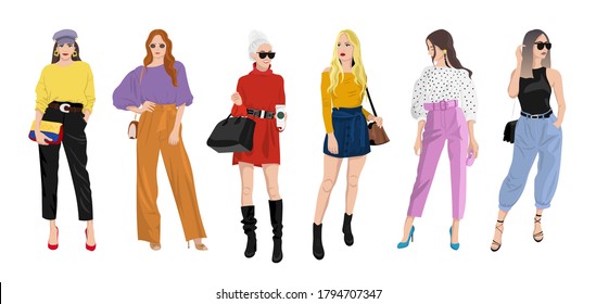 Conjunto de mujeres vestidas con ropa de moda, chicas de moda, modelos con estilo moderno de calle - vestido, faldas, trajes de pantalones, chaquetas vectores personajes de dibujos animados femeninos, ilustración vectorial