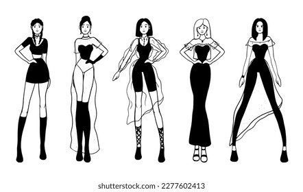 Set of women dressed in stylish trendy clothes. Stylish fashion models. Fashion girls sketch.
