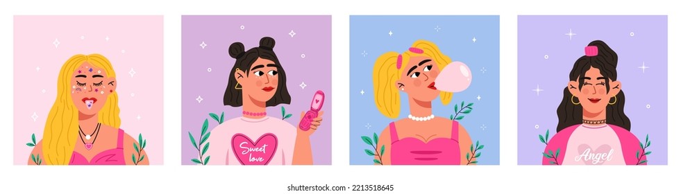 Set Of Women Dressed In Y2k Style, 2000s, With Jewelry, Chewing Gum, A Flip Phone. Flat Vector Illustration