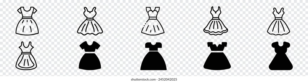 Set of women dresses line icon. Set of baby dresses line icon. Bridal dress, Evening dress line icons. Dress, female dress svg