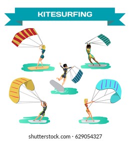 Set of women drive at kite surfing. Girls windsurfing on water surface with air kite. Vector flat cartoon illustration on a isolated background