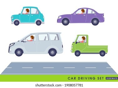 A set of women driving a car sideways.It's vector art so easy to edit.