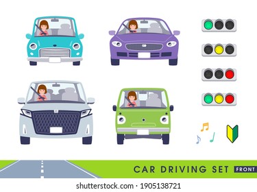 A set of women driving a car(front).It's vector art so easy to edit.