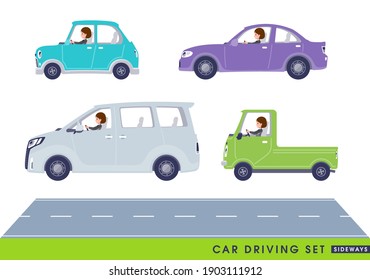 A set of women driving a car(sideways).It's vector art so it's easy to edit.