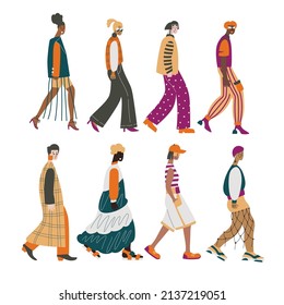 Set of women in elegant fashionable clothes. Trendy modern casual outfits. Diferent hairstyle, color, race, skin tone. Diversity concept. Collection of flat cartoon female characters 2022.