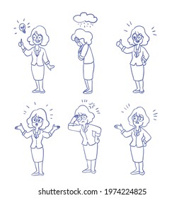 Set of women in emotions and expressions such as emotional, bored, angry, sad, glad, idea, doubt. Vector illustration flat design