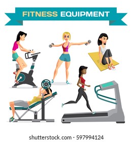 Set of women engaged in exercise in the gym. Vector flat cartoon illustration isolated on a white background