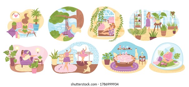 Set of women enjoying their free time, performing leisure activities and doing hobbies flat vector illustration. Woman enjoying dancing, cultivating home garden, meditating, taking bath, reading book.