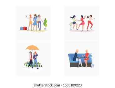 Set of women enjoying themselves. Flat vector illustrations of female friends spending time together. concept for banner, website design or landing web page