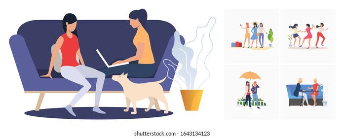Set of women enjoying themselves. Flat vector illustrations of female friends spending time together. concept for banner, website design or landing web page