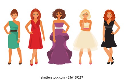 Set of women in evening and cocktail dresses isolated on white background. Prom dresses