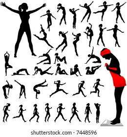 Set of women exercise, do aerobics, calisthenics, dance, run, walk in a group of silhouettes.