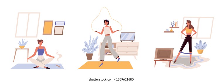 Set of women exercise at home. Woman meditates in lotus position, jumping rope and doing gymnastics. Vector illustration in flat cartoon style.