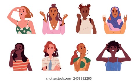 Set of women expressing different emotions. Upset, angry, happy, laughing, smiling and funny female characters. Multiracial girls. Cartoon flat vector illustrations isolated on white background.