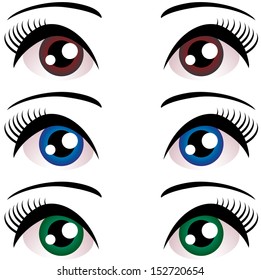 Set Of Women Eyes With Long Eyelashes. Blue, Brown, Green. Vector.