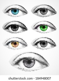 Set women eyes made from dots. Vector