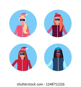 set women face avatar mix race girl wearing ski goggles happy female cartoon character portrait collection isolated