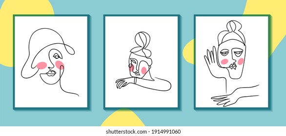 set of women face. continuous line art in elegant style for prints, tattoos, posters, textile, cards. vector illustration for graphic design