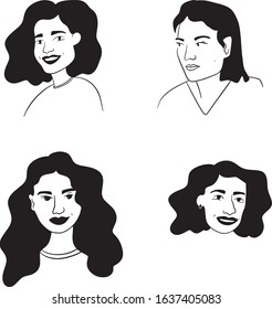 set of women faces. Black line vector illustration