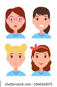 Set of women faces, character constructor different hairstyles, accessories glasses and bows, positive and frustrated female emotions vector avatars