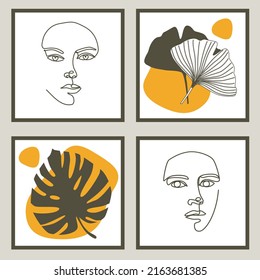 Set of women faces continuous Line art and leaves . Abstract Contemporary collage of geometric shapes in a modern trendy style. Vector for Beauty Concept, t-Shirt Print, postcard, poster