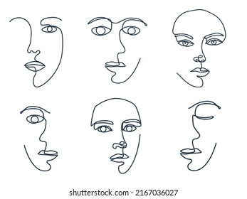 Set of women faces continuous Line art. Vector for Beauty Concept, t-Shirt Print, postcard, poster