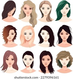 set of women faces with different hair types vector illustration