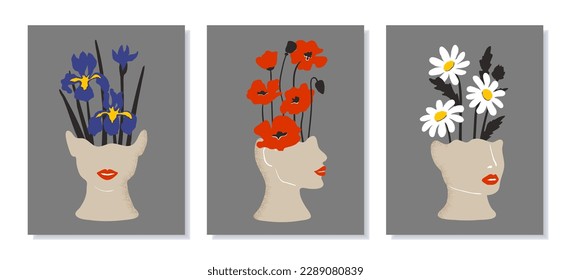 Un conjunto de mujeres rostros con flores. Afiche de moda floral abstracta vectorial. Colección de arte mural