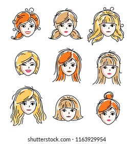 Set of women faces, human heads. Different vector characters like redhead and blonde females, attractive ladies face features collection.