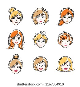 Set of women faces, human heads. Different vector characters like redhead and blonde females, attractive ladies face features collection.