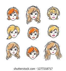 Set of women faces, human heads. Different vector characters like redhead and blonde females, attractive ladies face features collection.