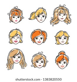 Set of women faces, human heads. Different vector characters like redhead and blonde females, attractive ladies face features collection.