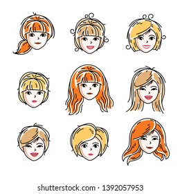 Set of women faces, human heads. Different vector characters like redhead and blonde females, attractive ladies face features collection.